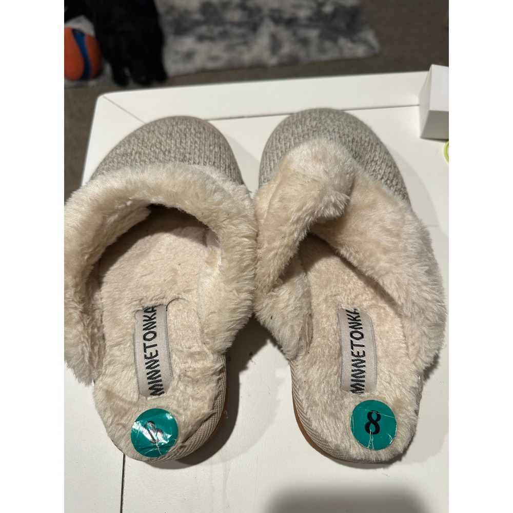 Minnetonka Womens Knit Scuff Slippers Faux Fur Lined Mules Beige Cream Size 8